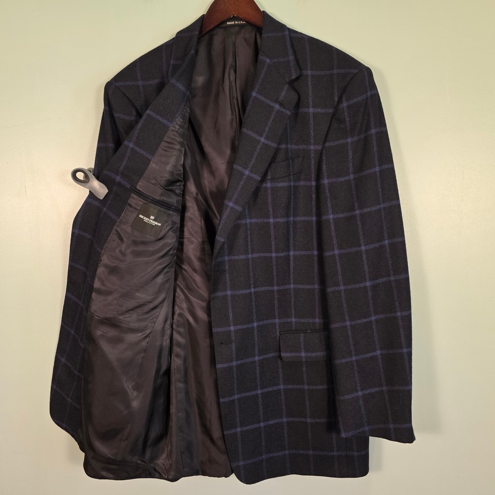 Hickey Freeman Collection Mens 42L Blazer Navy Blue Windowpane Plaid USA Made